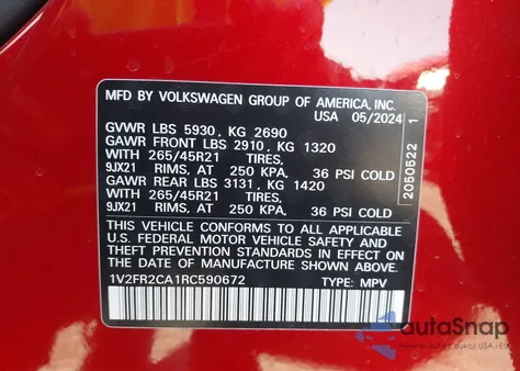 2024 Volkswagen Atlas 2.0T Sel Premium R-Line из США, поврежденный, VIN 1V2FR2CA1RC590672